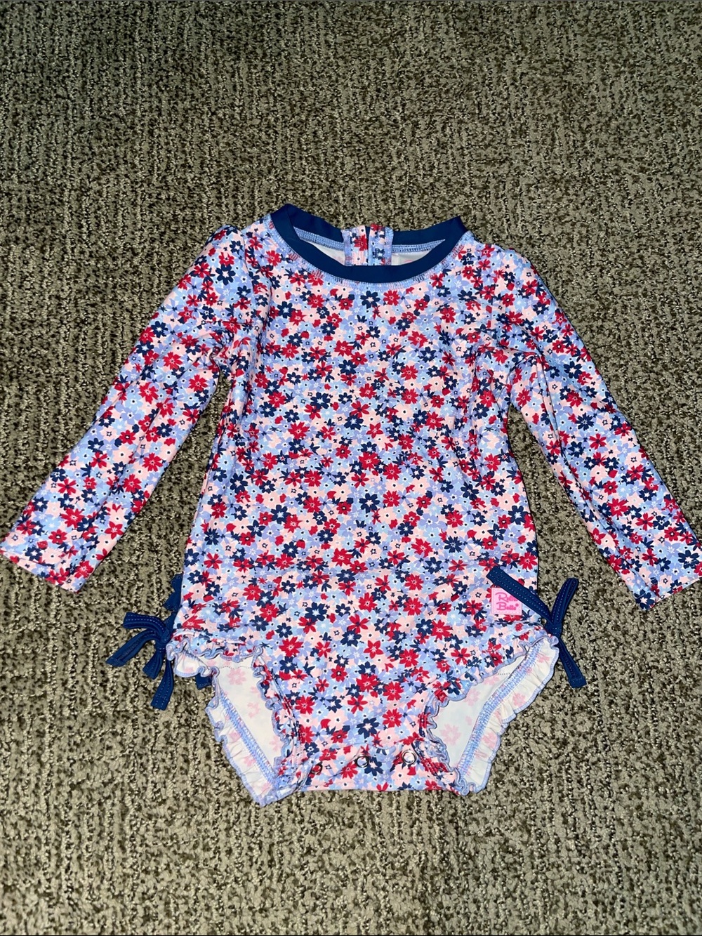 Ruffle Butts Navy/Red/Pink Floral Long-Sleeve One-Piece swim suit - 18-24 Months